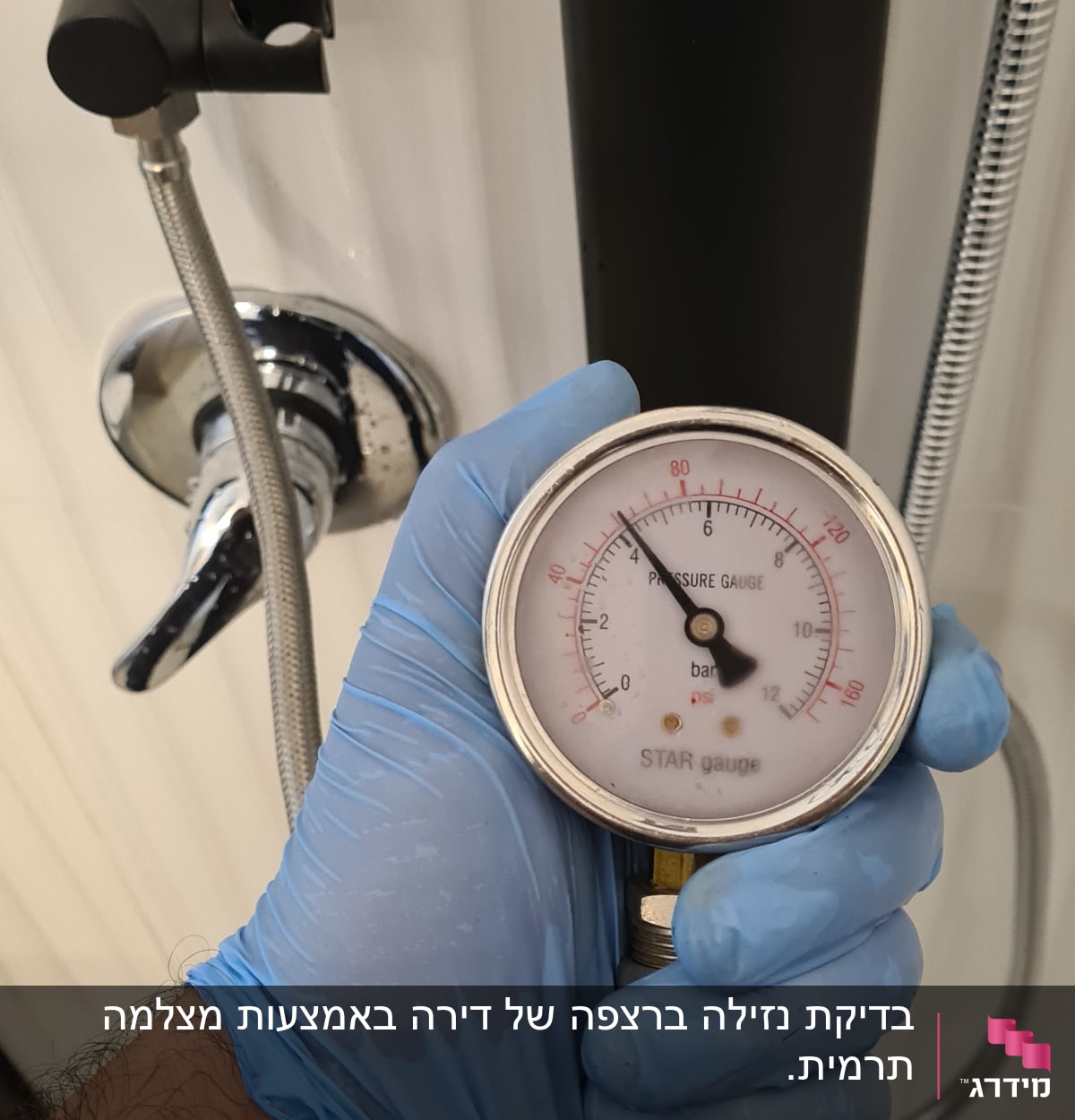 מד לחץ מים מוחזק ביד עם כפפה כחולה